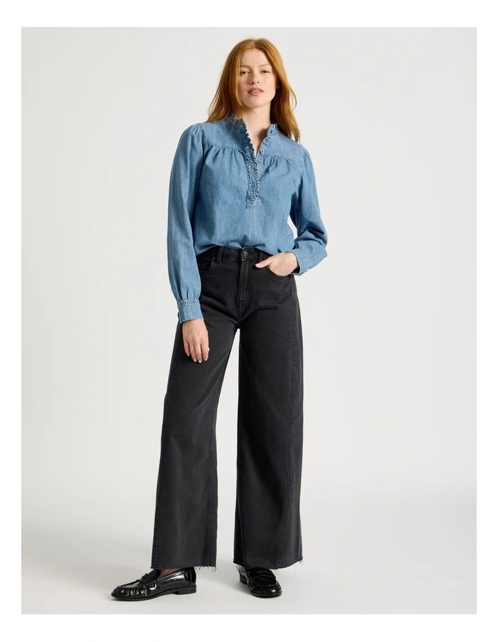 Ruffle Detail Denim Blouse In Light Wash image 3