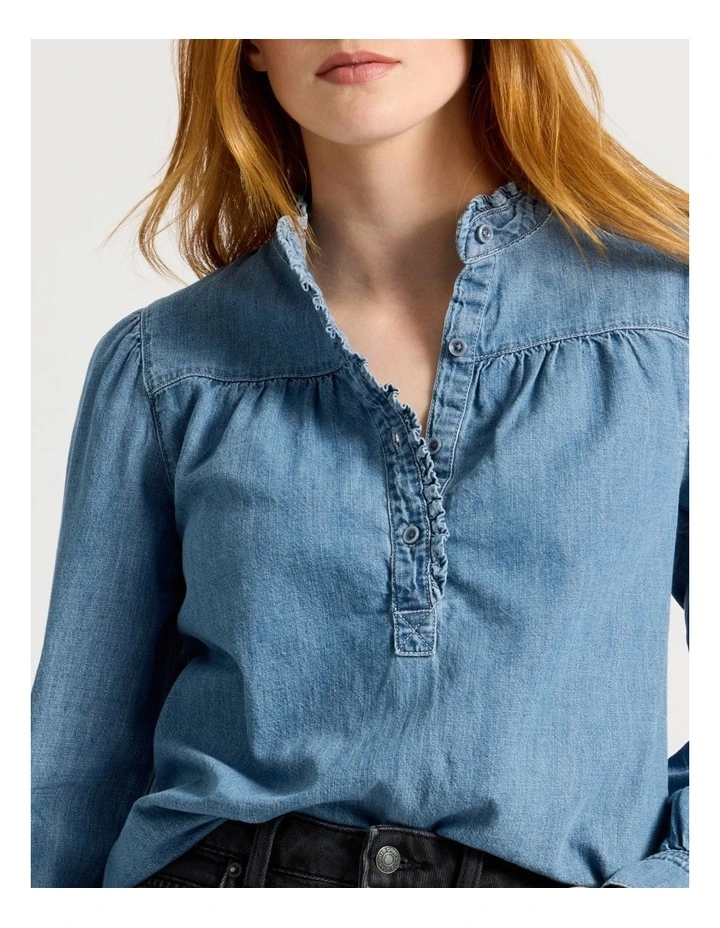 Ruffle Detail Denim Blouse In Light Wash image 4