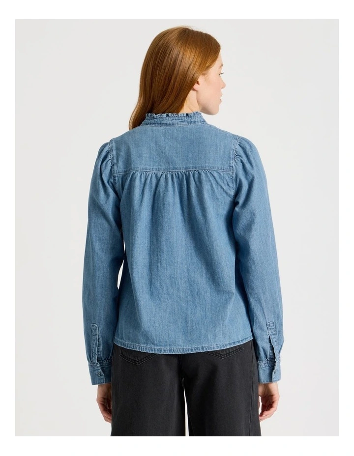 Ruffle Detail Denim Blouse In Light Wash image 6