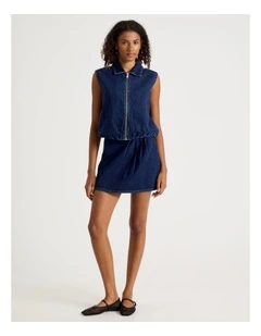 Pleated Denim Vest in Medium Indigo