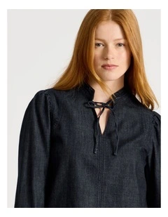 Tie Neck Denim Blouse in Dark Rinse