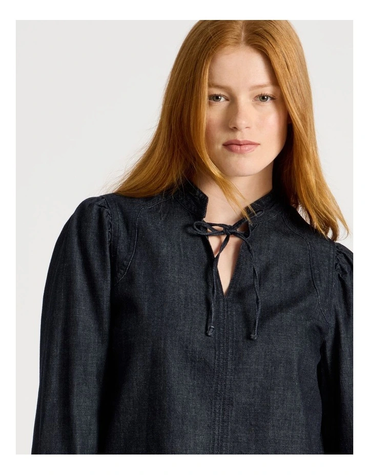 Tie Neck Denim Blouse in Dark Rinse image 1