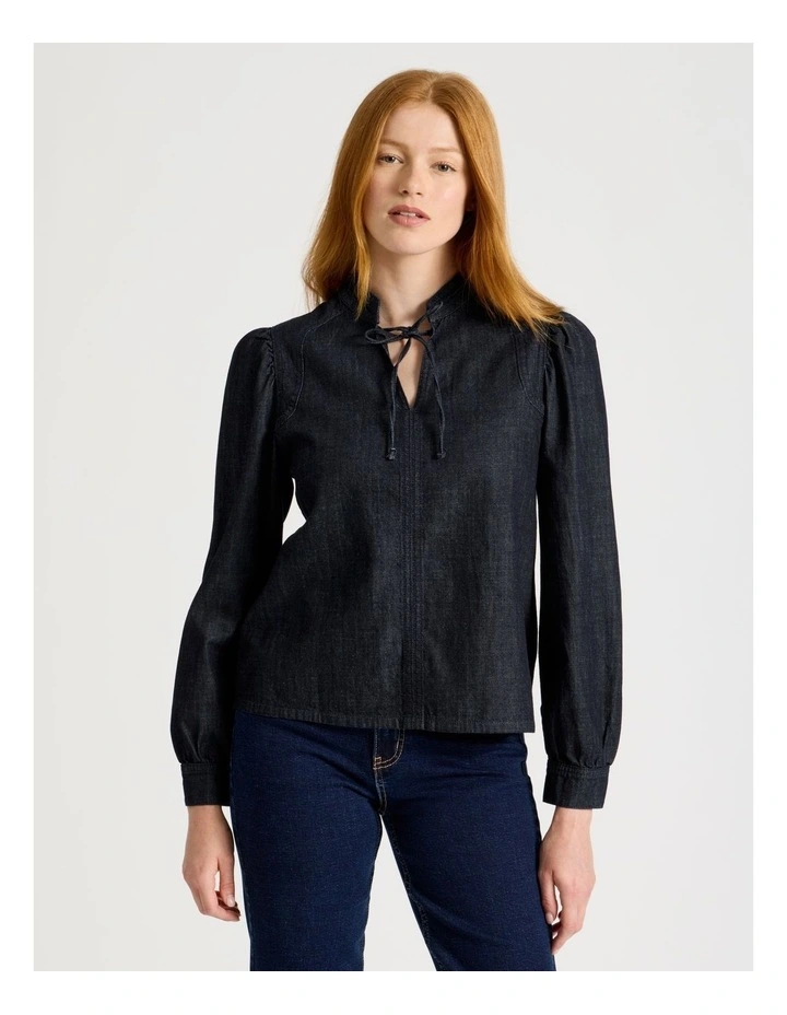 Tie Neck Denim Blouse in Dark Rinse image 2