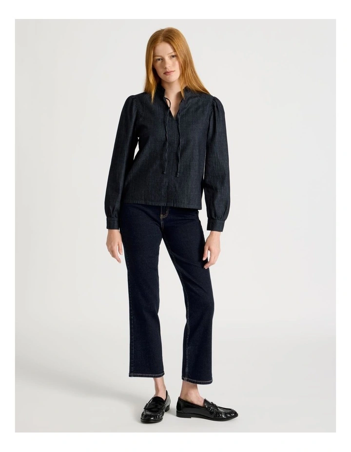 Tie Neck Denim Blouse in Dark Rinse image 3