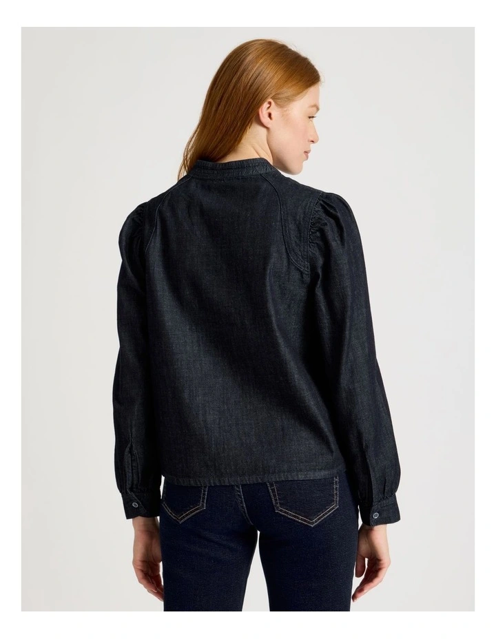 Tie Neck Denim Blouse in Dark Rinse image 5