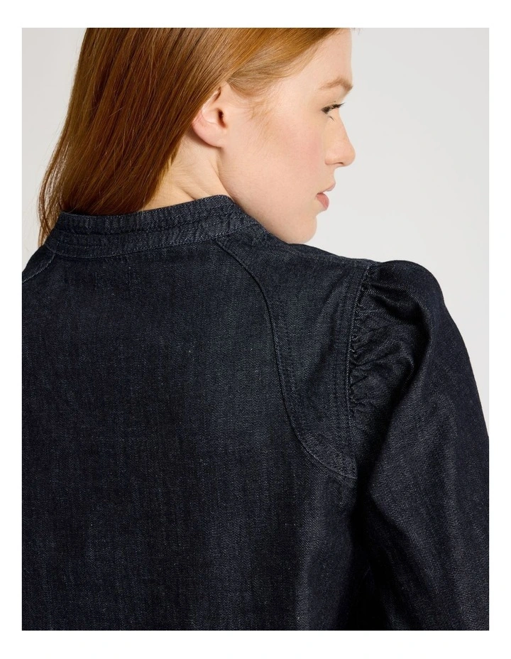 Tie Neck Denim Blouse in Dark Rinse image 6