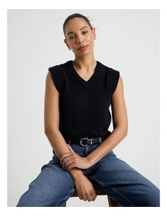Cotton Sleeveless V Neck Knit Top in Black