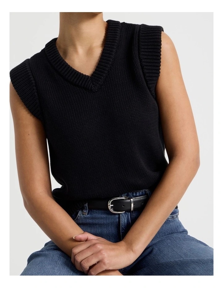 Cotton Sleeveless V Neck Knit Top in Black image 3