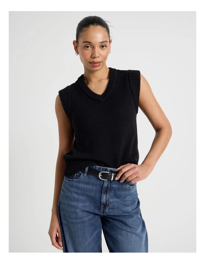 Cotton Sleeveless V Neck Knit Top in Black image 4
