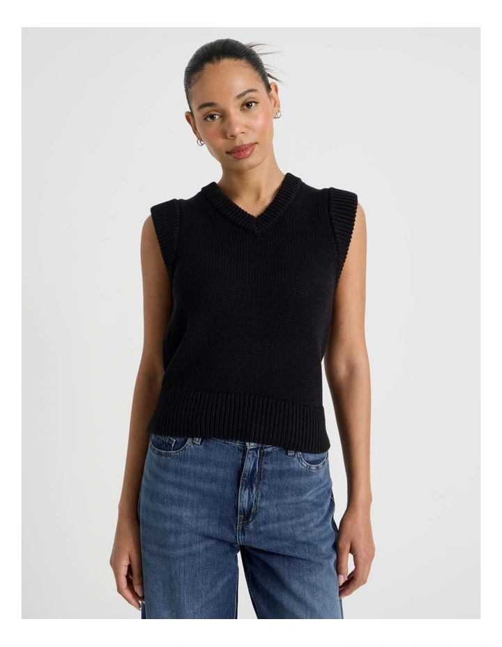 Cotton Sleeveless V Neck Knit Top in Black image 5