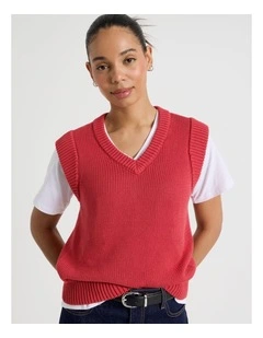 Cotton Sleeveless V Neck Knit Top in Red