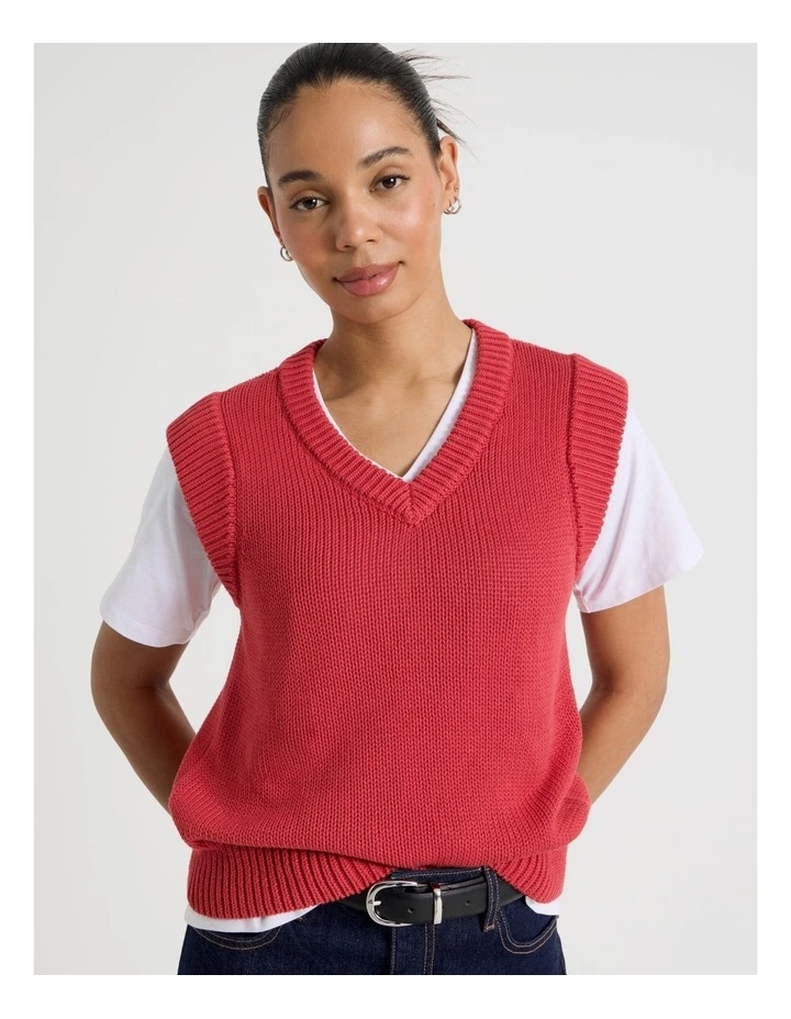 Cotton Sleeveless V Neck Knit Top in Red image 1