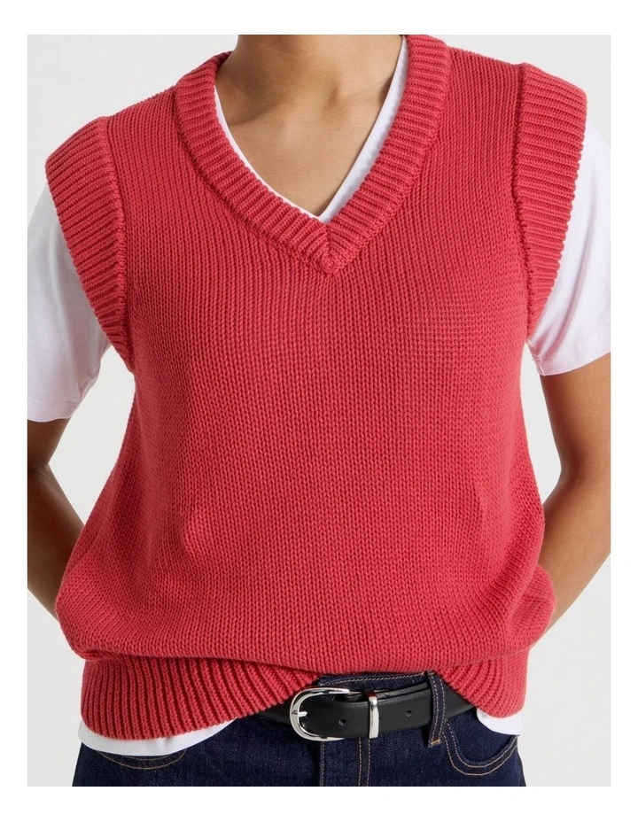 Cotton Sleeveless V Neck Knit Top in Red image 3
