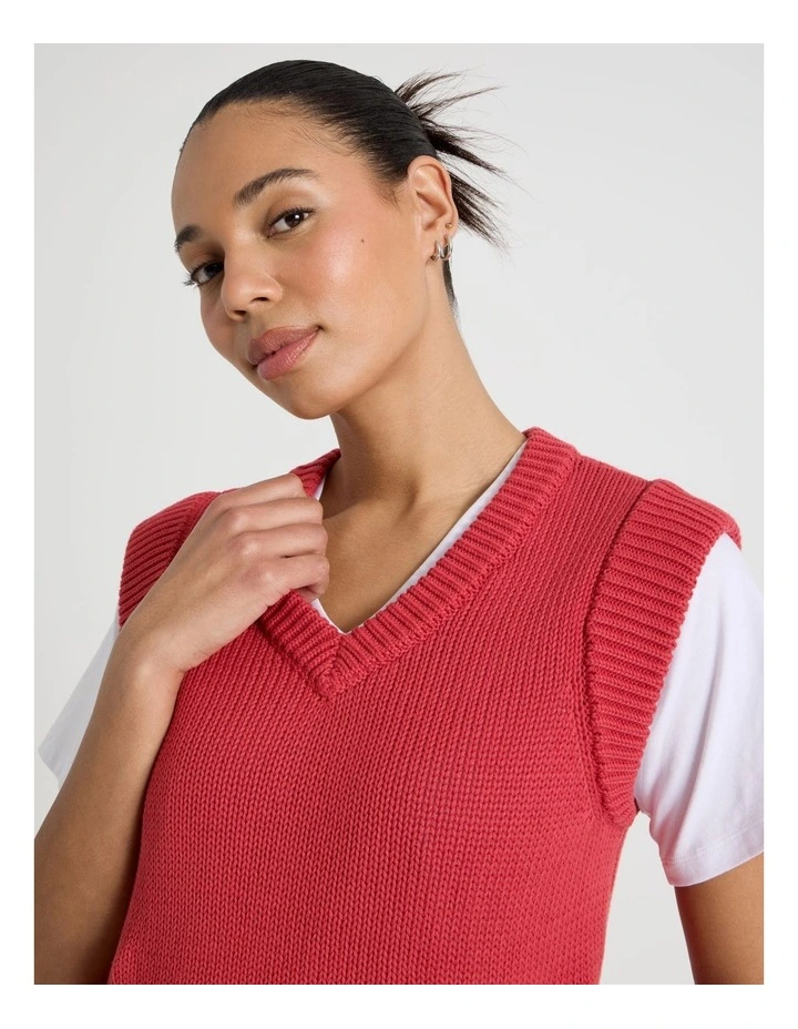 Cotton Sleeveless V Neck Knit Top in Red image 4