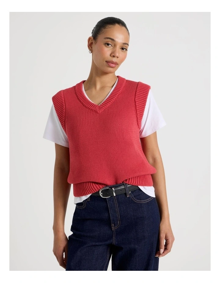 Cotton Sleeveless V Neck Knit Top in Red image 5