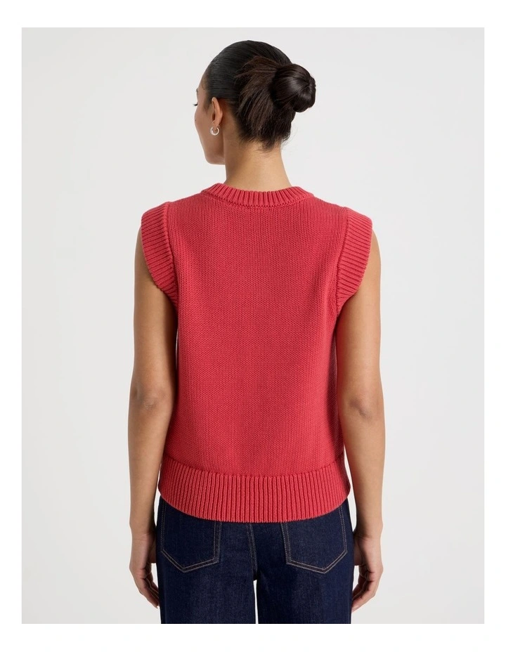 Cotton Sleeveless V Neck Knit Top in Red image 6