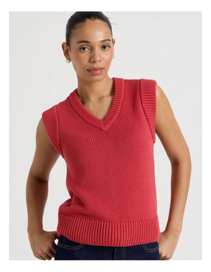 Cotton Sleeveless V Neck Knit Top in Red image 7