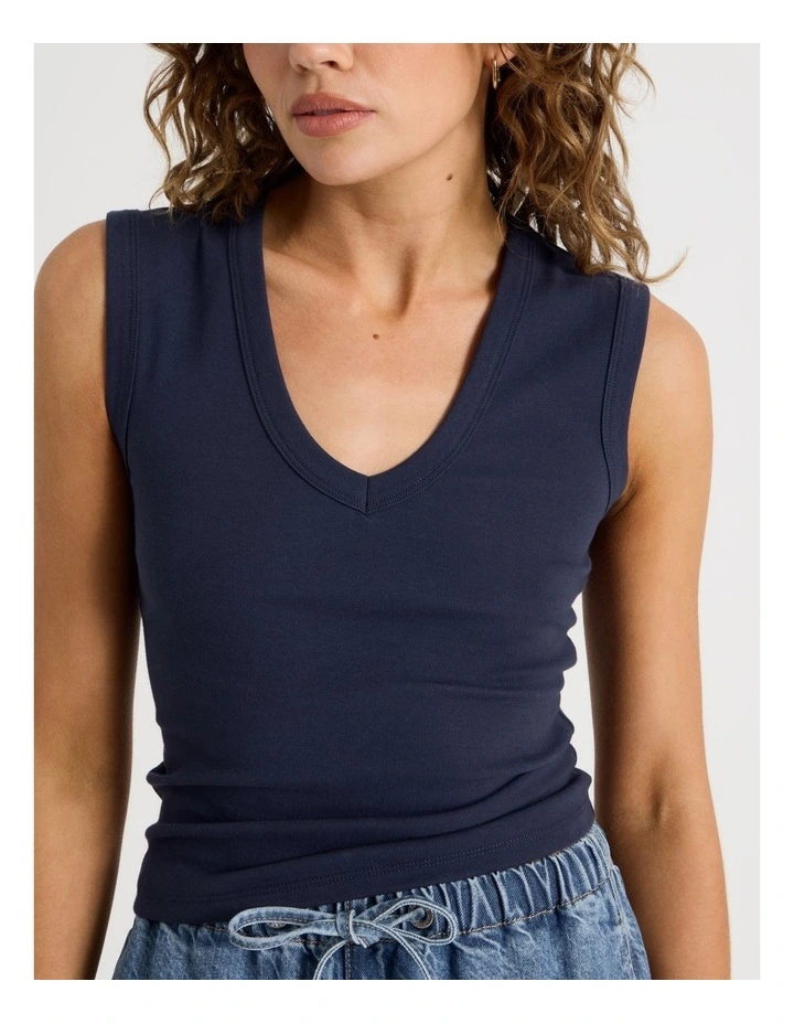V Neck Rib Tank in Navy image 3