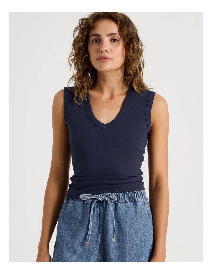 V Neck Rib Tank in Navy image 4
