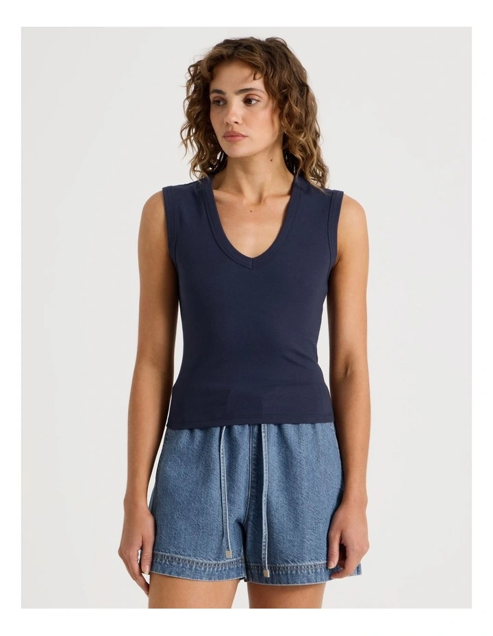 V Neck Rib Tank in Navy image 5