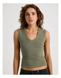 V Neck Rib Tank in Khaki