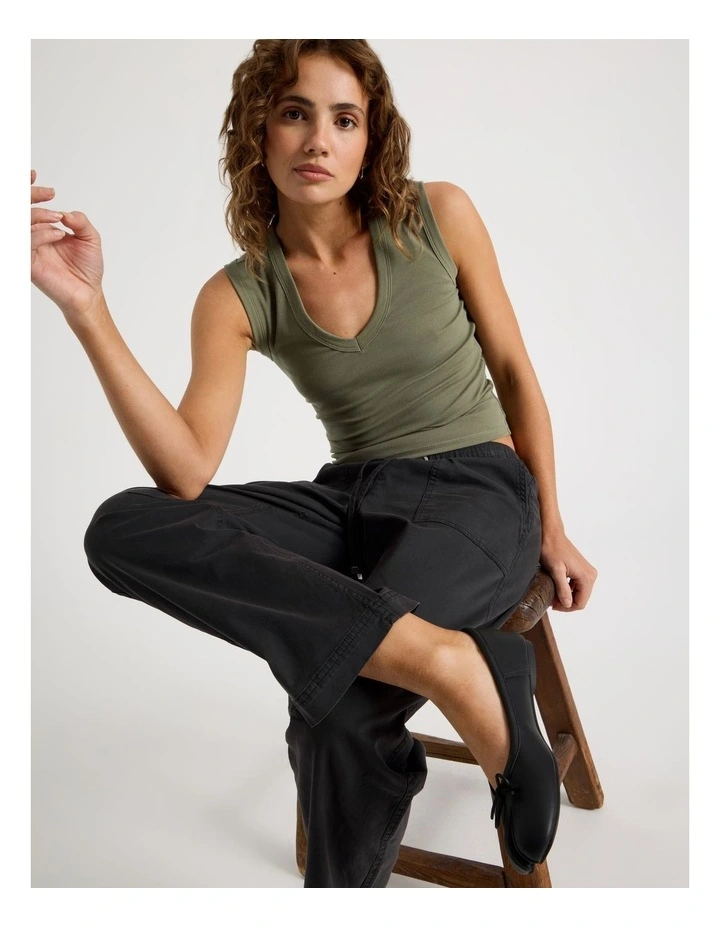 V Neck Rib Tank in Khaki image 2