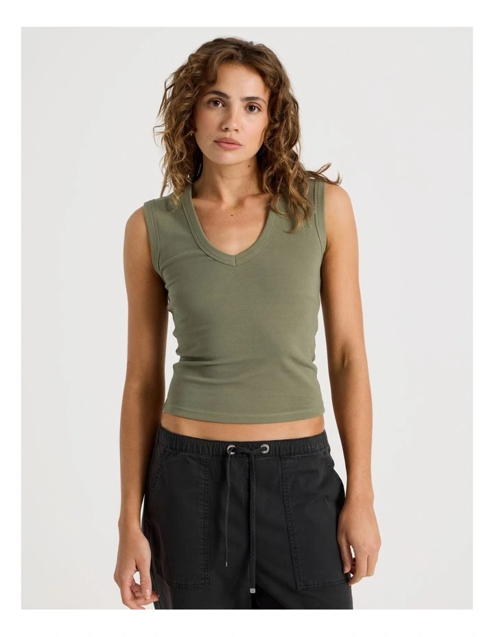 V Neck Rib Tank in Khaki image 3