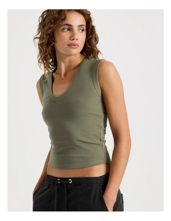 V Neck Rib Tank in Khaki image 4