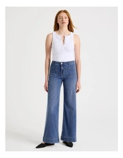Wide Leg Patch Pocket Jean in Medium Indigo