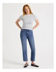 Cropped Straight Mid Rise Jean in Medium Indigo