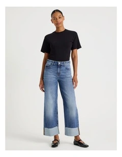 Wide Leg Cuffed Jean in Medium Indigo