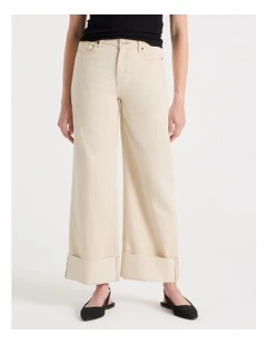 Wide Leg Cuffed Jean in Ecru