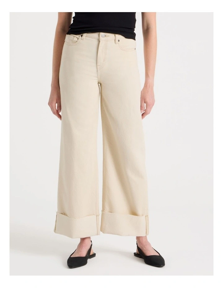 Wide Leg Cuffed Jean in Ecru image 1