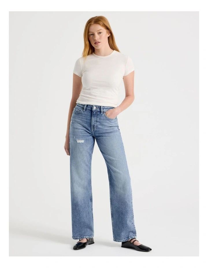 Straight High Rise Jeans in Light Indigo Destructed image 1