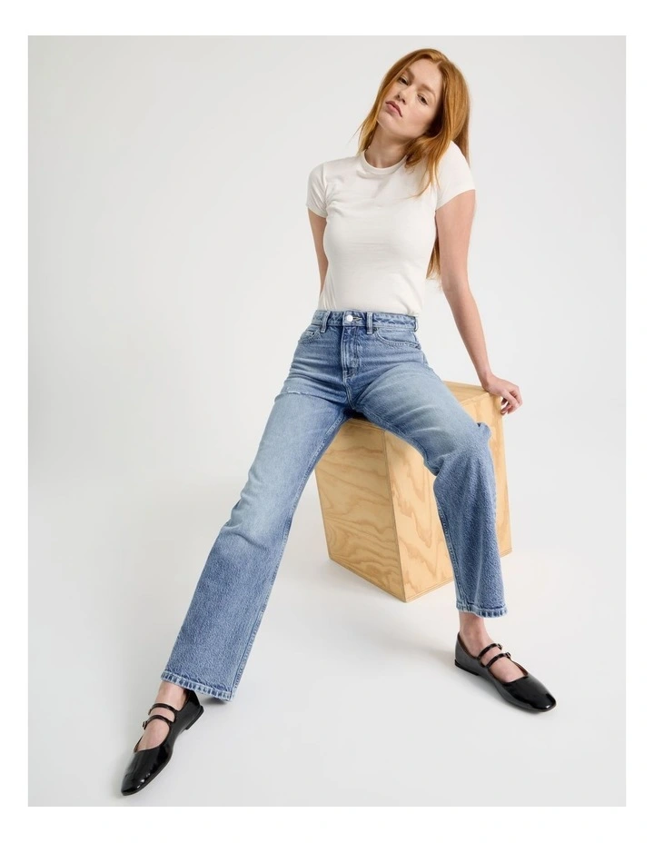 Straight High Rise Jeans in Light Indigo Destructed image 3