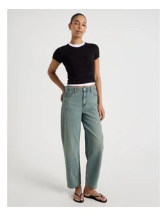 Barrel Mid Rise Jeans in Light Green Cast Indigo