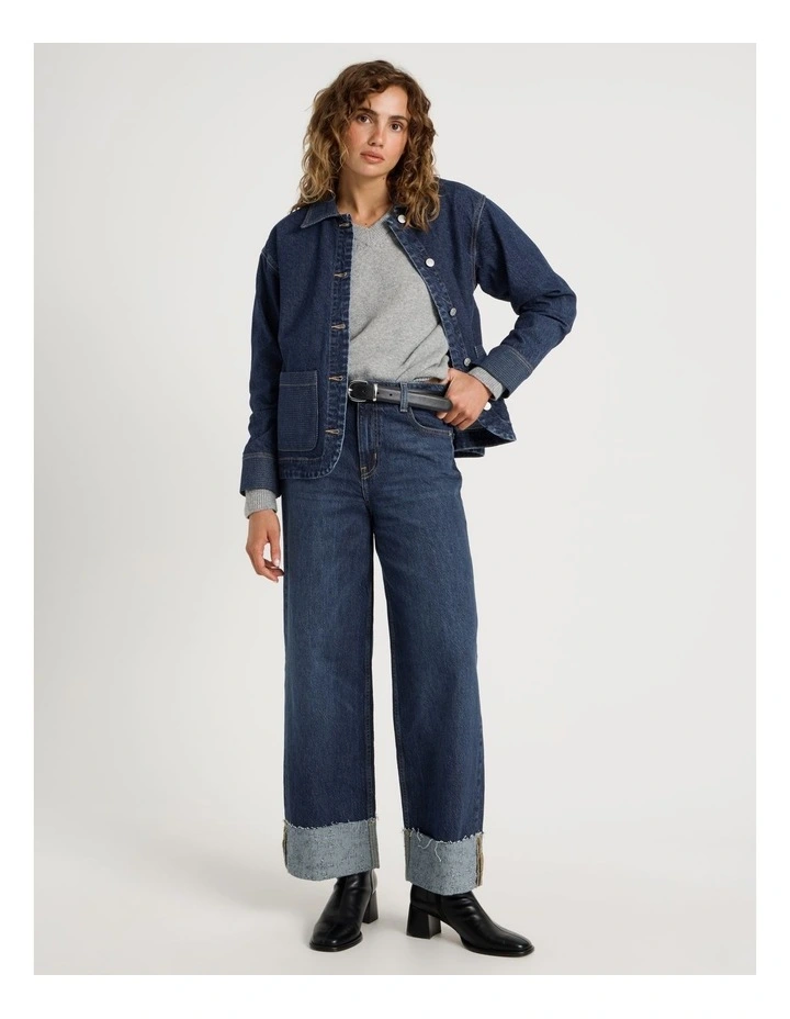 Wide Leg Cuffed jean with jacquard Inserts in Mid Indigo image 1