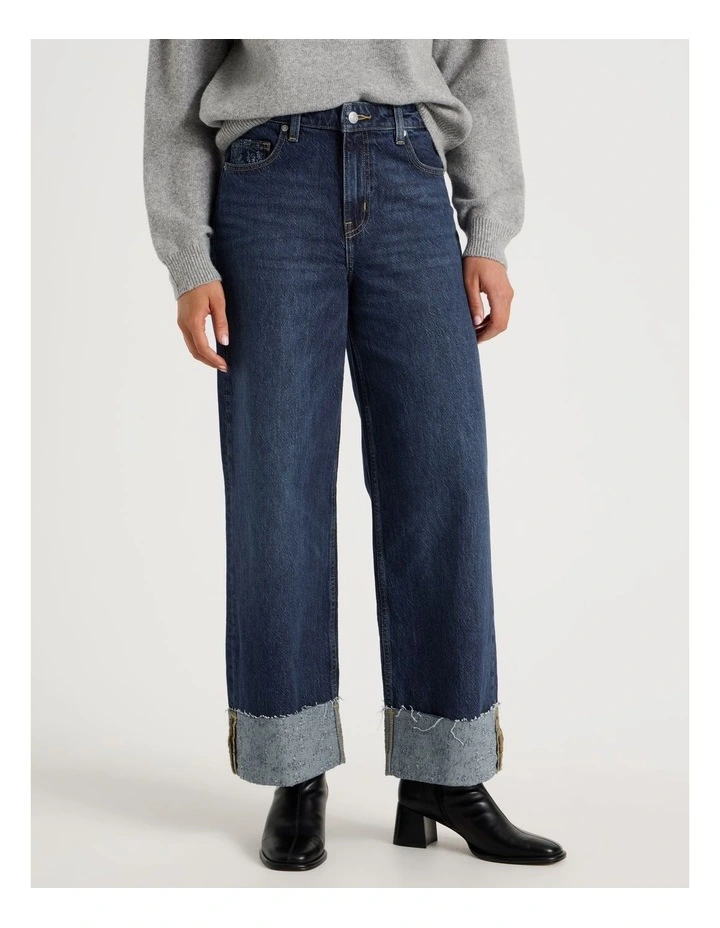 Wide Leg Cuffed jean with jacquard Inserts in Mid Indigo image 2