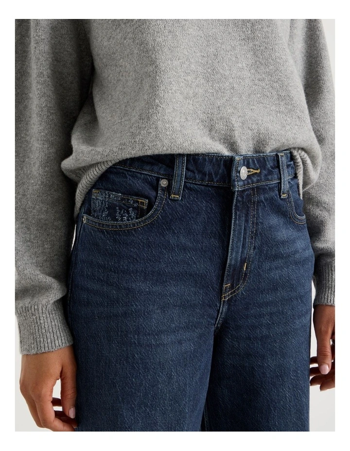 Wide Leg Cuffed jean with jacquard Inserts in Mid Indigo image 3