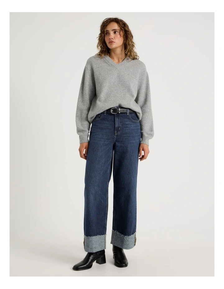 Wide Leg Cuffed jean with jacquard Inserts in Mid Indigo image 4