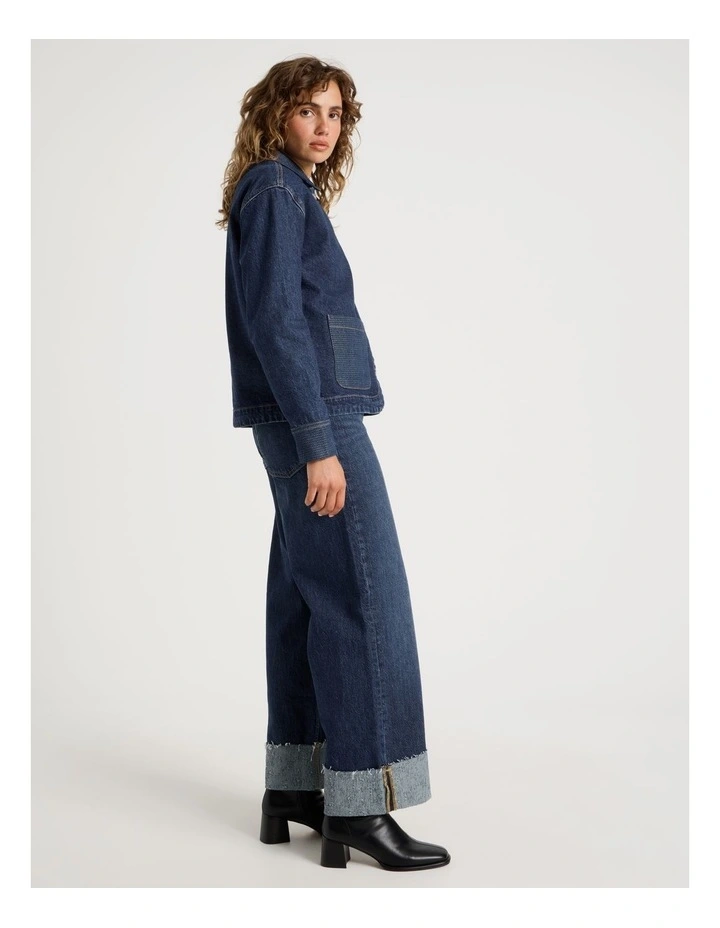 Wide Leg Cuffed jean with jacquard Inserts in Mid Indigo image 5