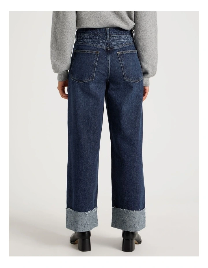 Wide Leg Cuffed jean with jacquard Inserts in Mid Indigo image 6