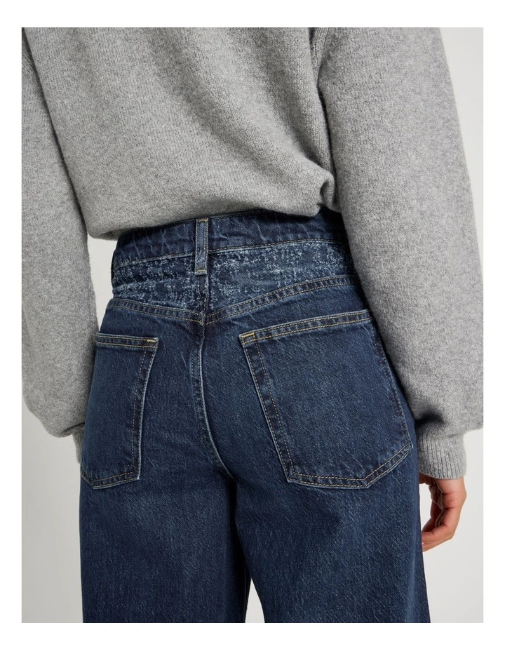 Wide Leg Cuffed jean with jacquard Inserts in Mid Indigo image 7