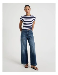 Wide Leg Utility Jeans in Green Cast Indigo