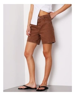 High Rise Mid Length Shorts in Brown