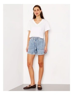 Elastic Waist Lightweight Denim Short in Bondi Blue