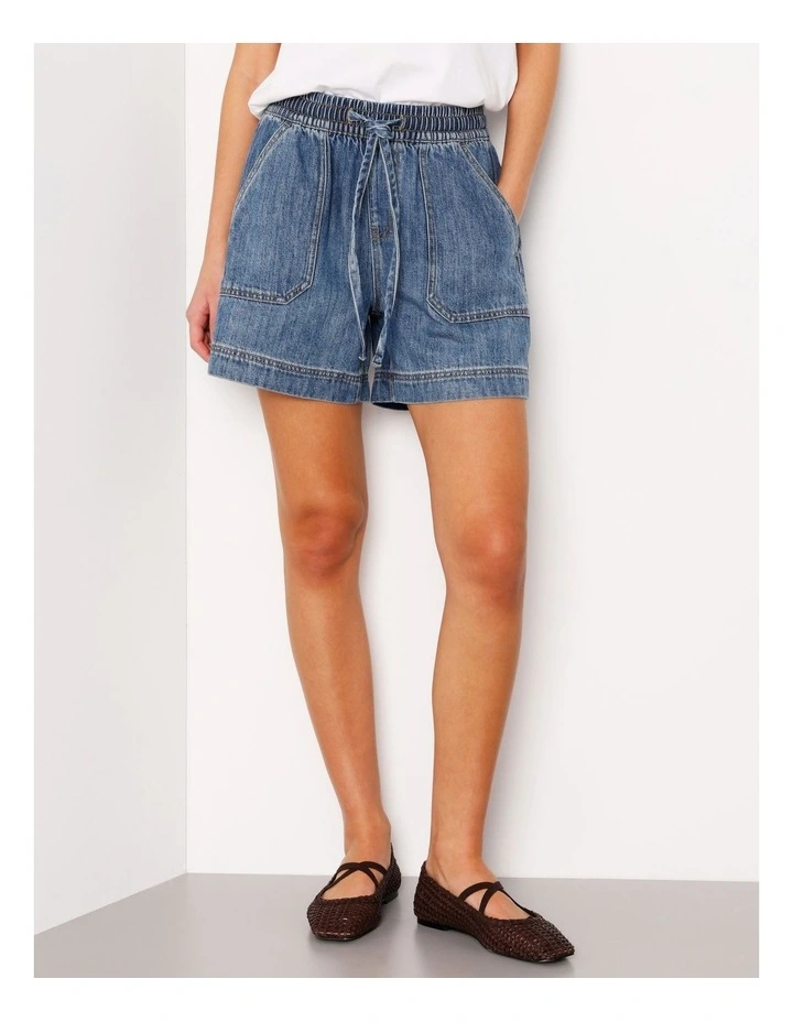 Elastic Waist Lightweight Denim Short in Azure Blue image 2