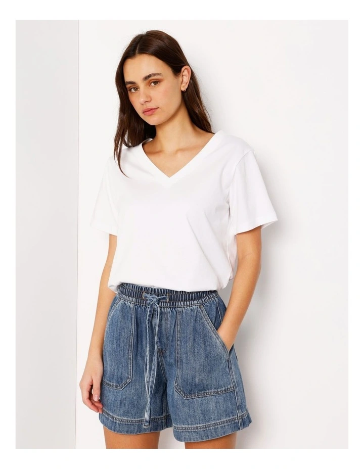 Elastic Waist Lightweight Denim Short in Azure Blue image 3
