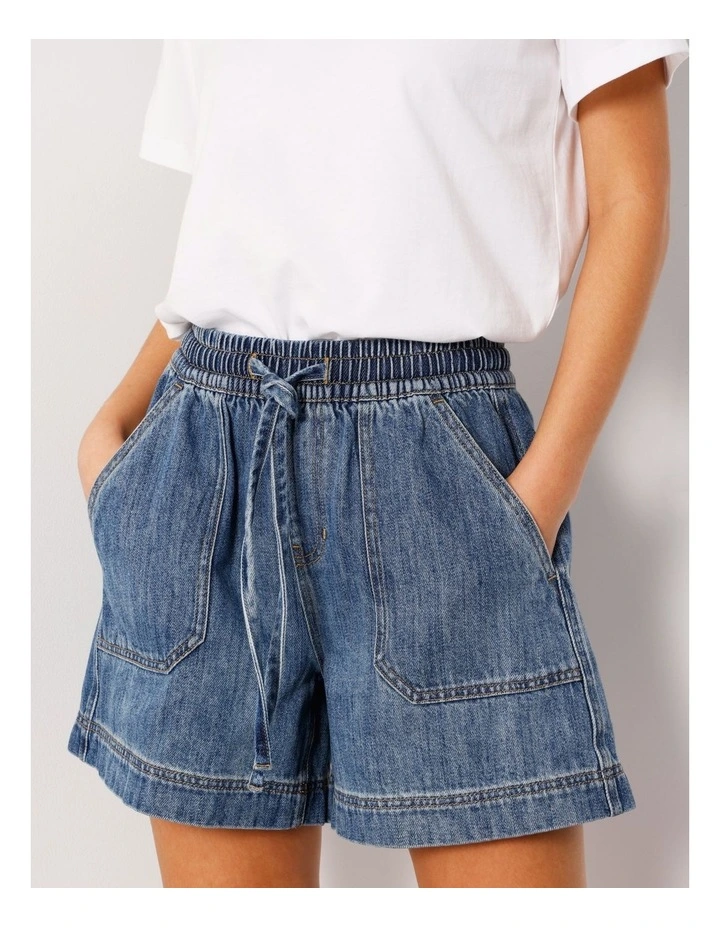 Elastic Waist Lightweight Denim Short in Azure Blue image 4
