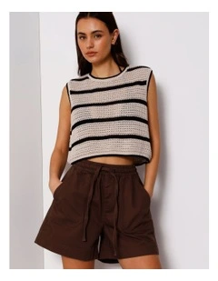 Elastic Waist Lightweight Denim Short in Brown